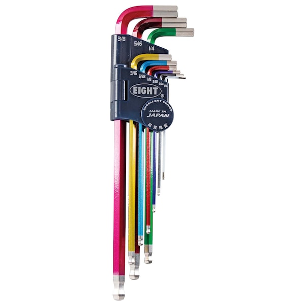 Eight Tool TAPER HEAD HEX KEY L-HANDLE EXTRA LONG SET, 9PC 1/16-3/8INCH MLTI-CLR TELC-S9N - main